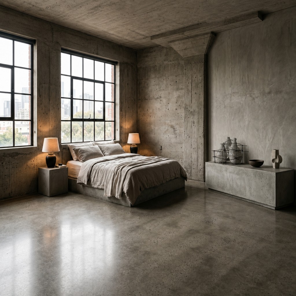 Sculpture in a minimalist concrete room with warm light