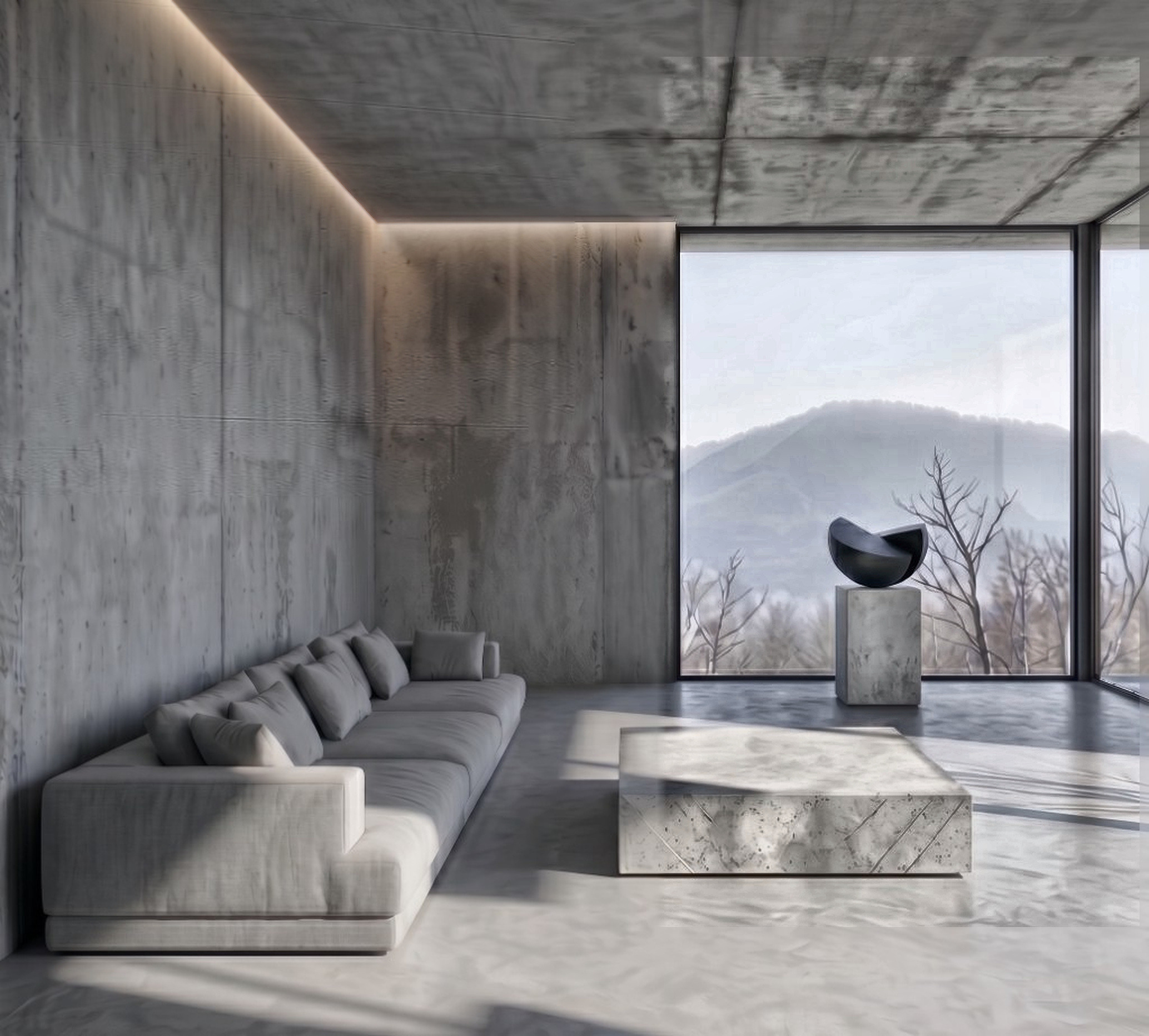 Interior with bronze sculpture on pedestal